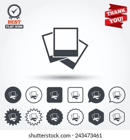 Photo frames template sign icon. Empty photography symbol. Circle, star, speech bubble and square buttons. Award medal with check mark. Thank you ribbon. Vector