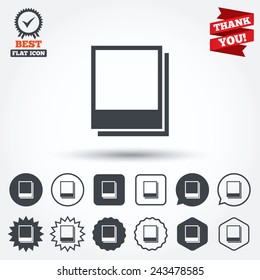 Photo frames template sign icon. Empty photography symbol. Circle, star, speech bubble and square buttons. Award medal with check mark. Thank you ribbon. Vector