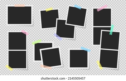 Photo frames vector set. Colorful scotch tape strips. Photos with scotch strips. Frames collection.