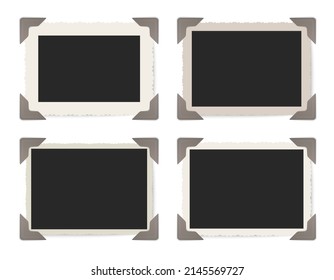 Photo frames vector set. Vintage photo framings in album. Photos with album corners. Retro frames collection.