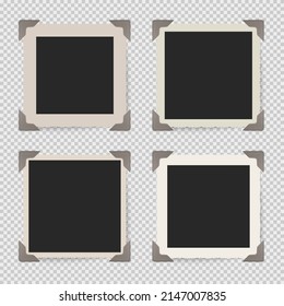 Photo frames vector set. Vintage photo framings in album. Photos with album corners. Retro frames collection.