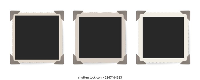 Photo frames vector set. Vintage photo framings in album. Photos with album corners. Retro frames collection.