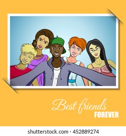 Photo with friends taking selfie. Vector illustration. 