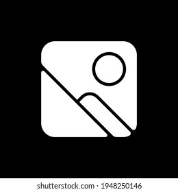 Photo gallery app dark mode glyph icon. Photos and videos. Images sorting and searching. Media menu. Smartphone UI button. White silhouette symbol on black space. Vector isolated illustration