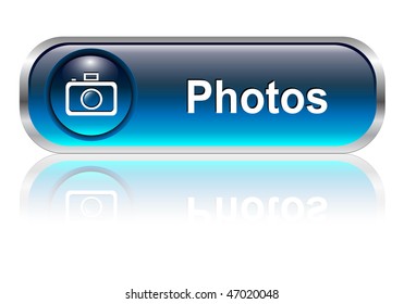 Photo gallery button, icon blue glossy with shadow, vector illustration