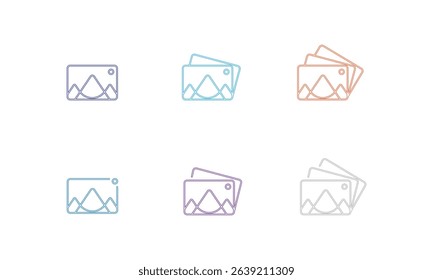 Photo or Gallery Colorful Icon Set Design. This icon set features a series of photo and image gallery symbols presented in a clean, linear design.