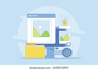 Photo gallery concept, photos on campaign monitor Photo image file display and image storage, Photo gallery image on campaign monitor. Modern flat style design illustration on background.