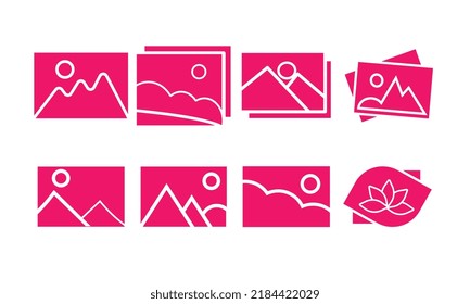 Photo gallery flat icon set. Image ,galley icons on color fill. Vector illustration.