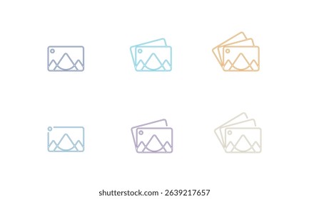 Photo or Gallery Flat Icon Set Design. With variations showing single images to multi-image stacks, this set is ideal for media libraries, photo galleries, image upload buttons, and photography apps.
