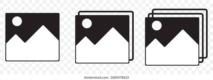 Photo gallery icons set for app or website. Vector illustration. Gallery icon set. Image gallery. Picture symbol .Photo signs. Silhouette of an image, Photo album icon. Vector illustration. EPS 10.