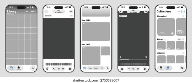 Photo Gallery And Media Library Interface Layouts With Grid Image Collections And Content Browsing Panels Designed For Smartphone Applications
