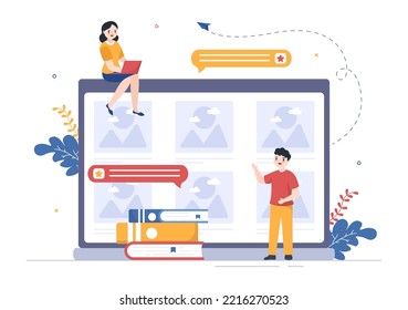 Photo Gallery On Mobile App And File On Computer Containing Images, Documents Or Videos In Flat Style Cartoon Hand Template Illustration