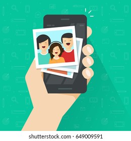 Photo  Gallery On Mobile Phone Flat Cartoon Style, Photo Album On Smartphone Vector Illustration, Photography Of Family On Cellphone