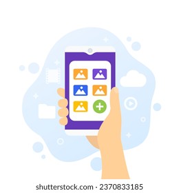 photo gallery, phone in hand vector illustration