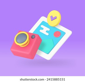 Photo gallery photography image with snapshot camera multimedia picture 3d icon realistic vector illustration. Digital photographing shot content library social media technology checkmark