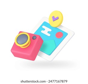 Photo gallery photography image with snapshot camera multimedia picture 3d icon realistic vector illustration. Digital photographing shot content library social media technology checkmark