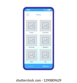 Photo Gallery Smartphone Interface Vector Template. Mobile Camera Album App Page Blue Design Layout. Wallpapers, Screenshots, Selfie Library Sceen. Flat UI.  Phone Display