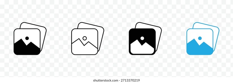 Conjunto de iconos de Vector de Galería de fotos. símbolo de álbum de Imagen en color negro. signo de imagen multimedia para App y diseños de interfaz de usuario de Sitio web. Ilustración vectorial. EPS 10.