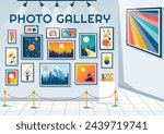 Photo Gallery Vector Illustration for Museum Visitors View Exhibition of Modern Abstract Paintings and Picture in Contemporary in Flat Background