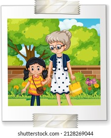 Photo of grandma and niece in cartoon style illustration