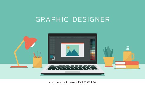 photo or graphic designer with image program editing software on laptop computer screen on workplace desktop table, flat design vector illustration