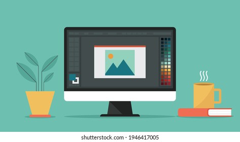photo or graphic designer with image program editing software on a computer screen, flat vector design illustration