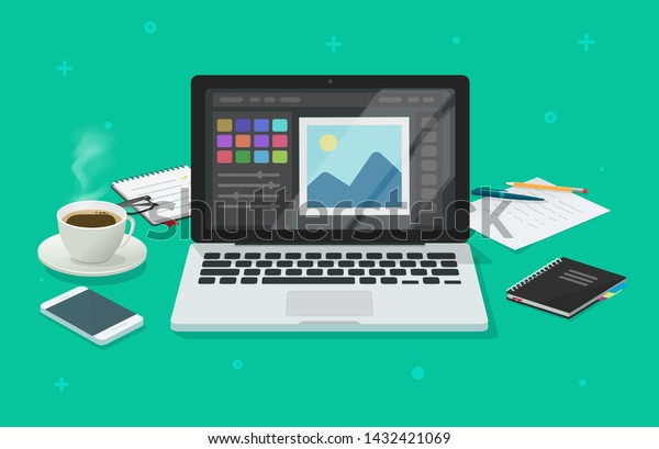 Photo or graphic editor on\
computer vector illustration, flat cartoon laptop screen with\
design or image editing software or program on workplace desktop\
table