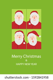 Photo grimacing Jolly Santa Christmas vector greeting card. Green background.