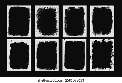 Photo grunge frames set template. Ink paint edges punk border for poster and banner. Retro textured overlays. Rectangular old white backgrounds. Vector design illustration.