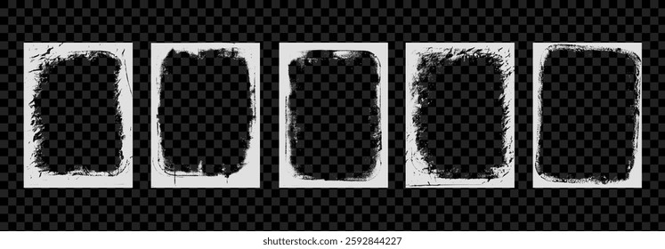 Photo grunge frames set template. Ink paint edges punk border for poster and banner. Retro textured overlays. Rectangular old white backgrounds. Vector design illustration.