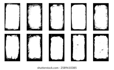 Photo grunge frames stories set template. Ink paint edges punk border for social media poster. Retro textured overlays. Rectangular old black cadre on white background. Vector design illustration.