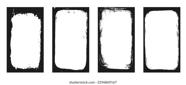Photo grunge frames stories set template. Ink paint edges punk border for social media poster. Retro textured overlays. Rectangular old black cadre on white background. Vector design illustration.