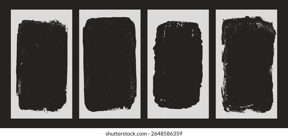Foto grunge frames histórias definir modelo. Tinta pintar bordas punk borda para poster de mídias sociais. Sobreposições texturizadas retrô. Cartão velho branco retangular no plano de fundo preto. Ilustração de design de vetor.