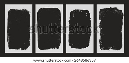 Photo grunge frames stories set template. Ink paint edges punk border for social media poster. Retro textured overlays. Rectangular white old cadre on black background. Vector design illustration.