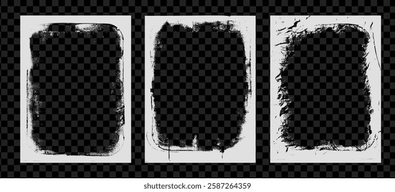 Photo grunge white frames set template. Ink paint edges punk border for flyer and banner. Retro textured overlays. Rectangular old white backgrounds. Vector design illustration.