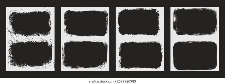 Photo grunge white frames set template. Ink paint edges punk border for flyer and banner. Retro textured overlays. Rectangular old white backgrounds. Vector diptych design illustration.