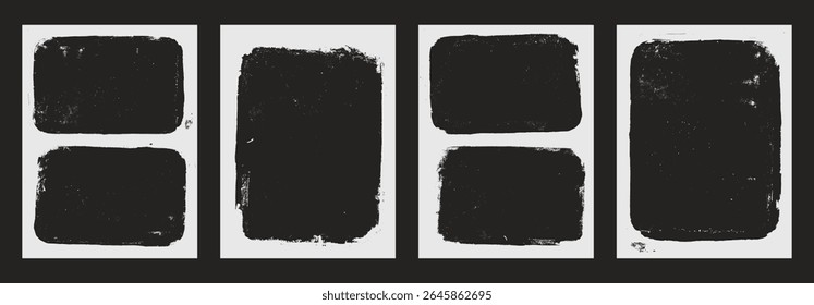Molduras brancas grunge foto definir modelo. Tinta tinta bordas punk borda para folheto e banner. Sobreposições texturizadas retrô. Planos de fundo retangulares brancos antigos. Ilustração de design de vetor.