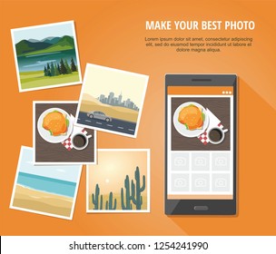 Photo of hamburger and cup of coffee  with smartphone Isolated on orange background. Vector Illustration