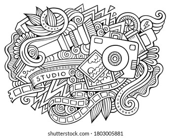 Photo hand drawn cartoon doodles illustration. Funny professional design. Creative art vector background. Photography symbols, elements and objects. Sketchy composition