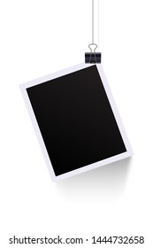 Photo hanging on paper clip isolated on white background. Vector design element. Blank picture template
