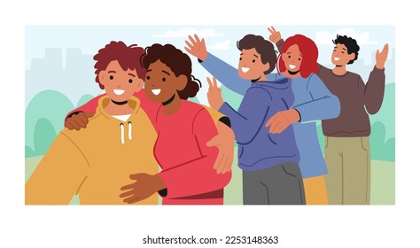 Photo of Happy Group of Friends Standing Together Posing and Gesturing Making Selfie. Company of Multiracial People Photographing on Smartphone. Friendship Relation. Cartoon People Vector Illustration