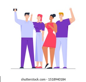 Photo of Happy Multiracial Group of Friends Standing Together Posing and Gesturing Making Selfie. Company of People Photographing on Smartphone. Friendship Relations. Cartoon Flat Vector Illustration