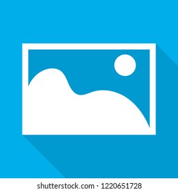 Photo icon in flat design. Vector illustration. White picture icon on blue background