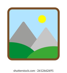 Photo icon mountains. Landscape frame illustration. Nature scene picture. Vector outdoor view.
