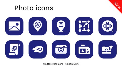 photo icon set. 10 filled photo icons.  Collection Of - Picture, Placeholder, Layout, Film reel, Graphic design, Media fire, Camera, Photo camera