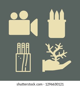photo icon set with camera, cactus on hand and pencils vector illustration