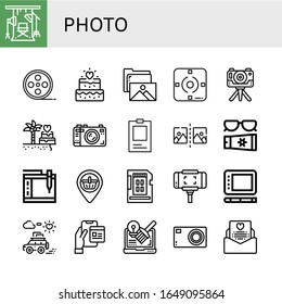 Photo Icon Set. Collection Of Studio, Film Roll, Wedding, Gallery, Focus, Camera, ID, Flip, Sun Cream, Graphic Tablet, Placeholder, Sd Card, Selfie Stick, Honeymoon, Interface Icons