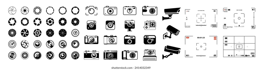 Photo icon set. Icons of photography, image, photo gallery, video camera and photo camera. Diaphragm icon.