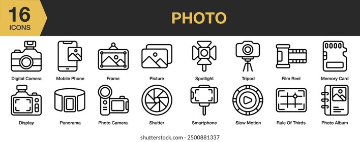 Bildsymbolsatz. Beinhaltet Digitalkamera, Fotokamera, Zeitlupe, Panorama, Speicherkarte und mehr. Gliederungssymbole, Vektorsammlung.