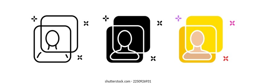 Photo icon set. Social networks, avatar, profile photo, camera, photo processing, effects, settings, document, career, digital. Technology concept. Vector line icon in different styles